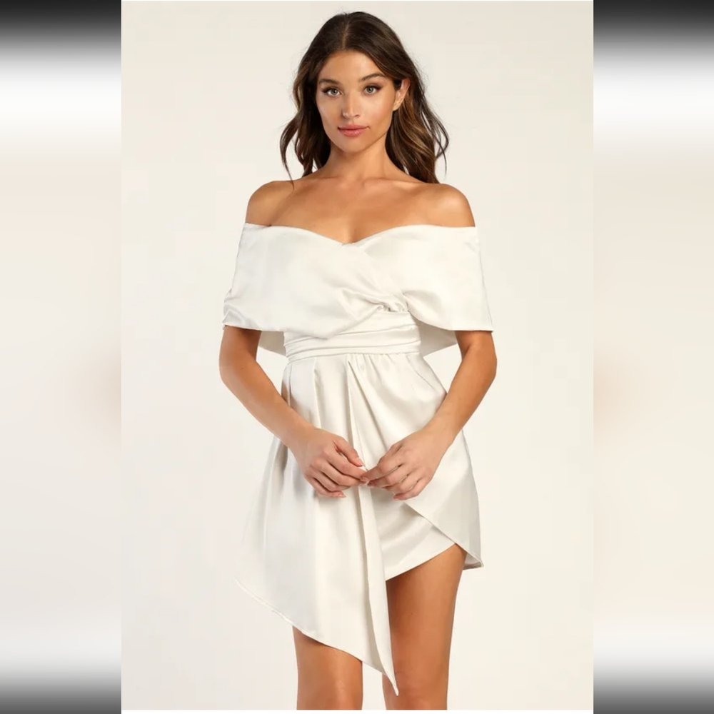 BNWOT Lulu's Always  Celebrating Ivory Satin Off-the-Shoulder Mini Dress